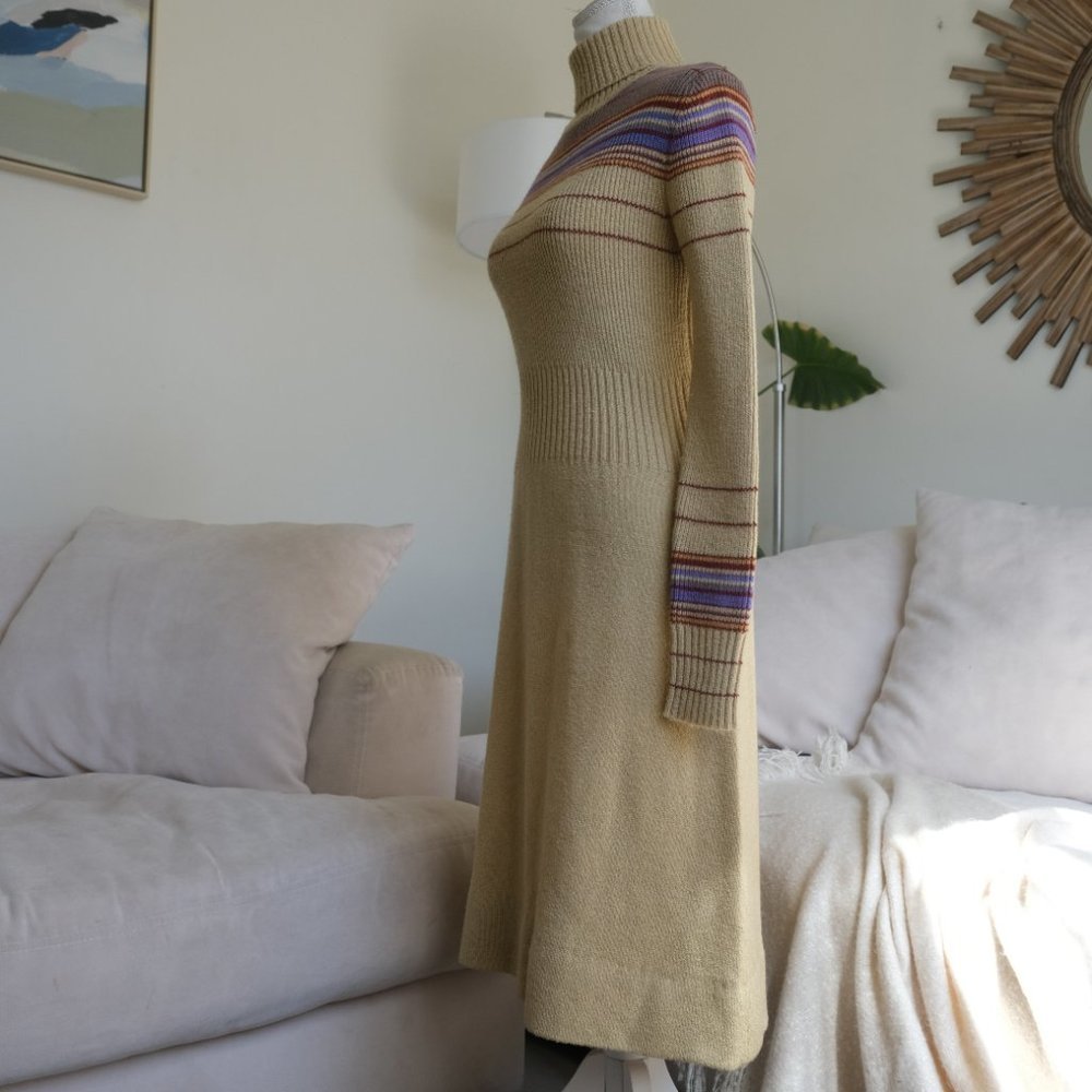 Vintage Bargello Knitted Camel Colored Striped Turtleneck Sweater Dress - Picture 4 of 11